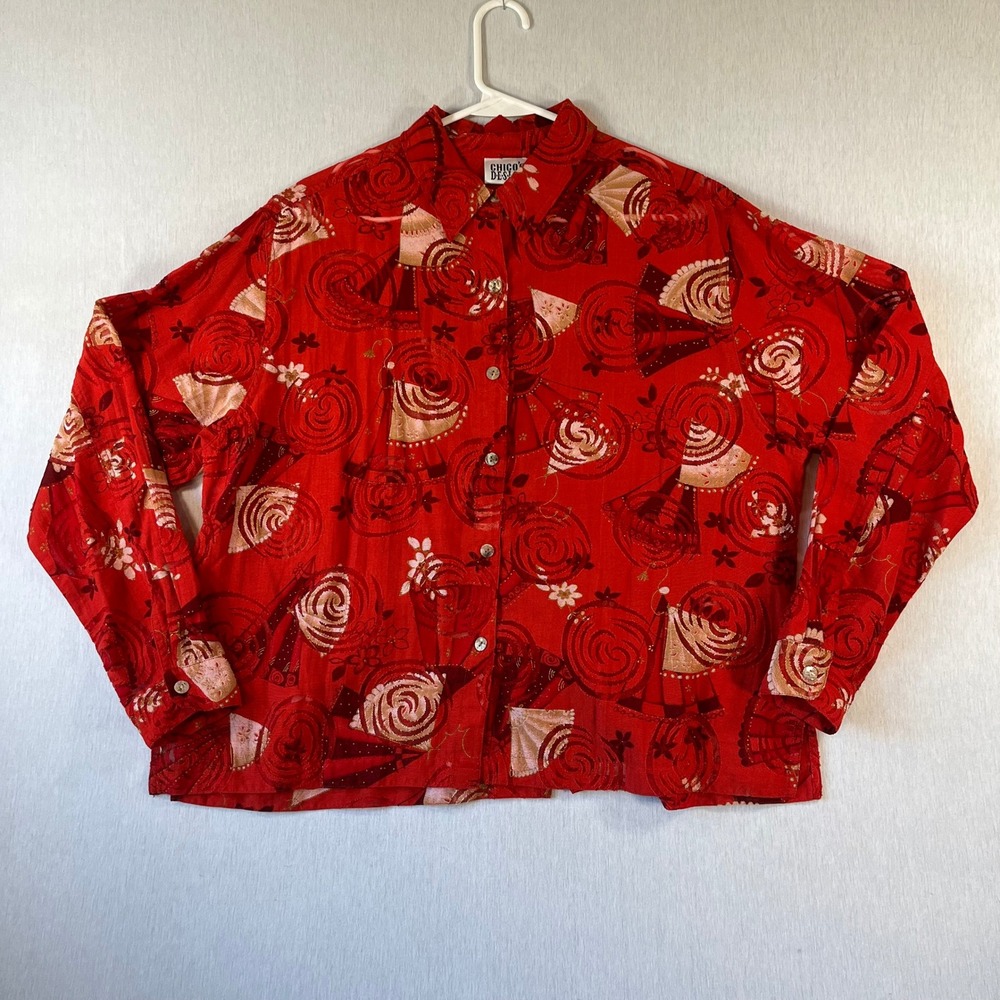 Chicos Design Blouse Women 2 Red Jacquard Button Front Shirt Gold Accents